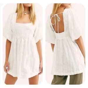 Free People Gigi White Textured Cotton Open Back Puff Sleeve Mini Dress/Tunic